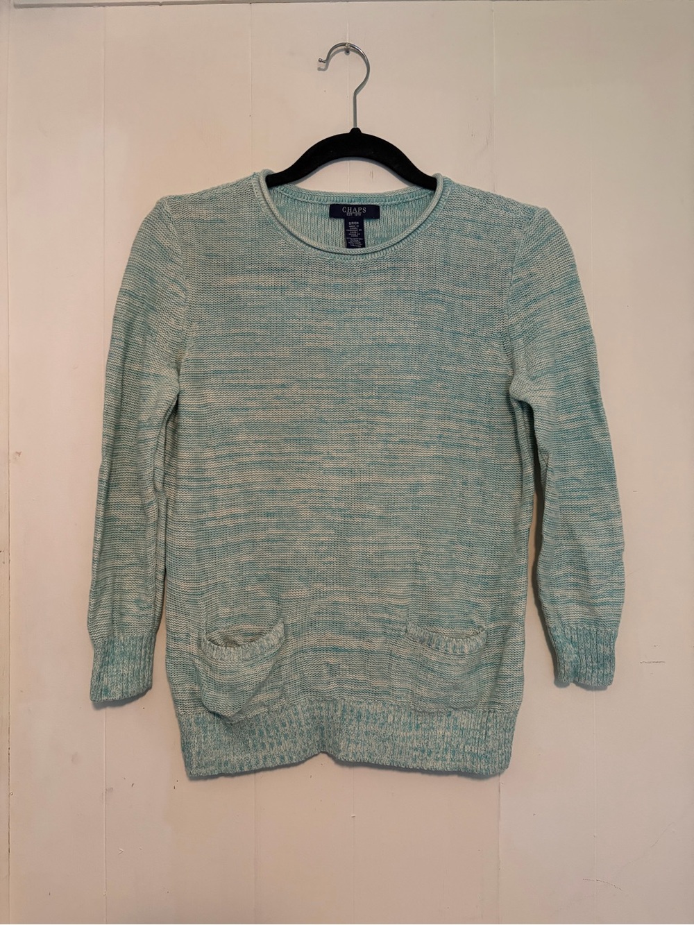 Vintage 90s Chaps 3/4 length sleeve knit blue and white sweater in size S